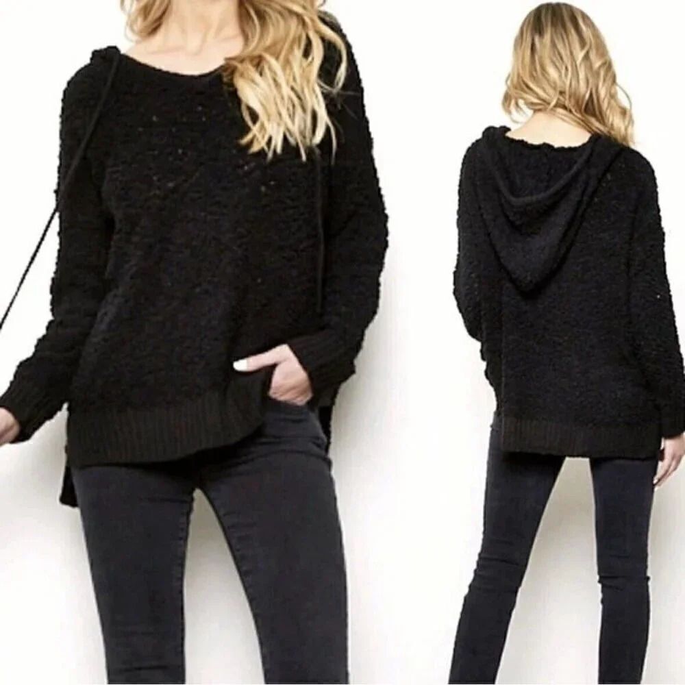 Young Fabulous & Broke Black Popcorn Knit Hoodie S/M Slouchy Cozy Minimalist